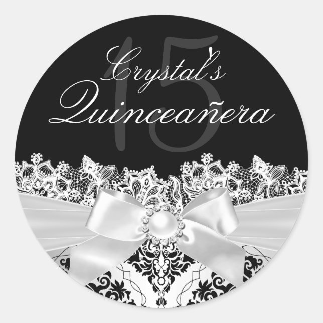 Eleganter Silver Damask & Bow Quinceanera Sticker (Vorderseite)