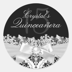 Eleganter Silver Damask & Bow Quinceanera Sticker