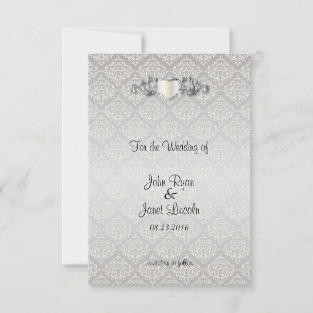 Eleganter Silver Damask Stil Save The Date (Vorderseite)