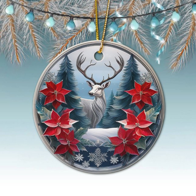 Eleganter Silver Frame Rentier, Poinsettias Deer � Keramik Ornament (Silver Reindeer Elegant Deer Antlers, Poinsettia Flowers Winter Trees Scene Ornament Front/Back 🦌🎄)
