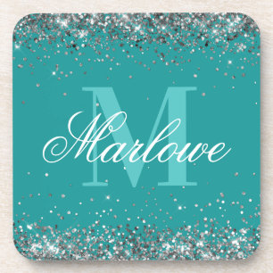 Eleganter Silver Glitzer Aquamarin Monogram Getränkeuntersetzer