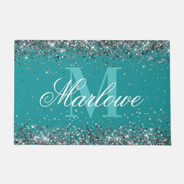 Eleganter Silver Glitzer Blue Green Monogram Fußmatte (Vorderseite)