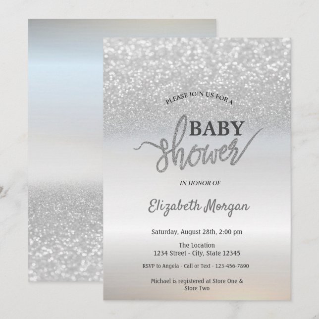 Eleganter Silver Glitzer Bokeh Baby Shower Einladung (Vorne/Hinten)