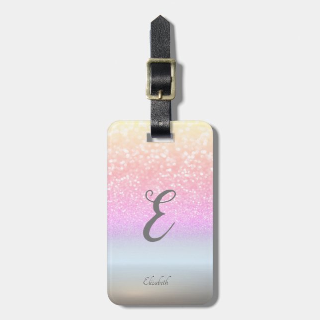 Eleganter Silver Glitzer Bokeh farbiges Monogramm Gepäckanhänger (Vorderseite vertikal)