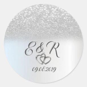 Eleganter Silver Glitzer Bokeh, Hearts Wedding Runder Aufkleber