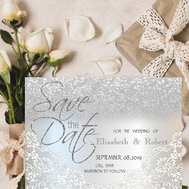 Eleganter Silver Glitzer Bokeh, Spitze Save the Da Date (Von Creator hochgeladen)