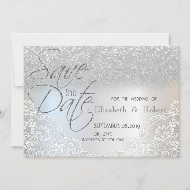 Eleganter Silver Glitzer Bokeh, Spitze Save the Da Date (Vorderseite)