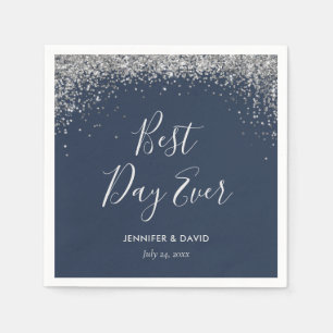 Eleganter Silver Glitzer Confetti Navy Blue Weddin Serviette
