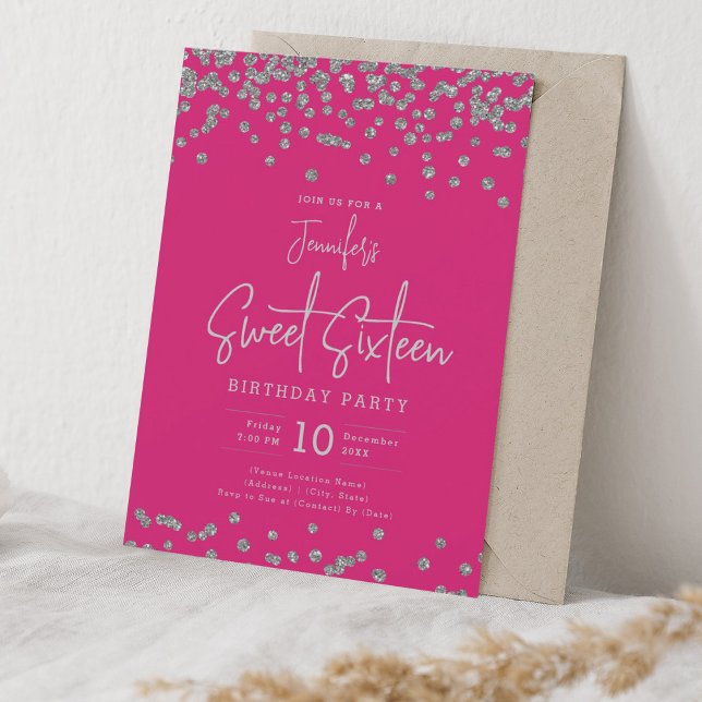 Eleganter Silver Glitzer Confetti Sweet 16 Hot Pin Einladung (Elegant Silver Glitter Confetti Sweet 16 Hot Pink Invitation)