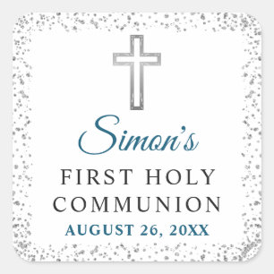 Eleganter Silver Glitzer Cross First Holy Communio Quadratischer Aufkleber