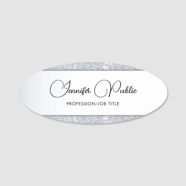 Eleganter Silver Glitzer Handgeschriebene Vorlage  Namensschild (Vorderseite)