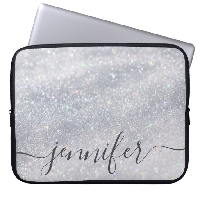 Eleganter Silver Glitzer Individuelle Name Laptopschutzhülle (Vorderseite)