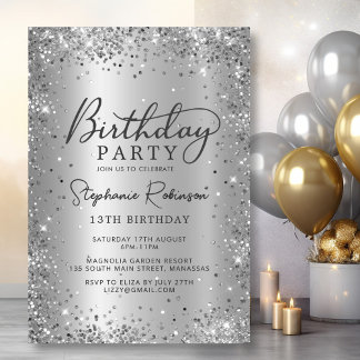 Eleganter Silver Glitzer Metallic 13. Geburtstag Einladung