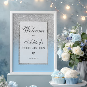 Eleganter Silver Glitzer ombre Blue Sweet 16 Willk Poster