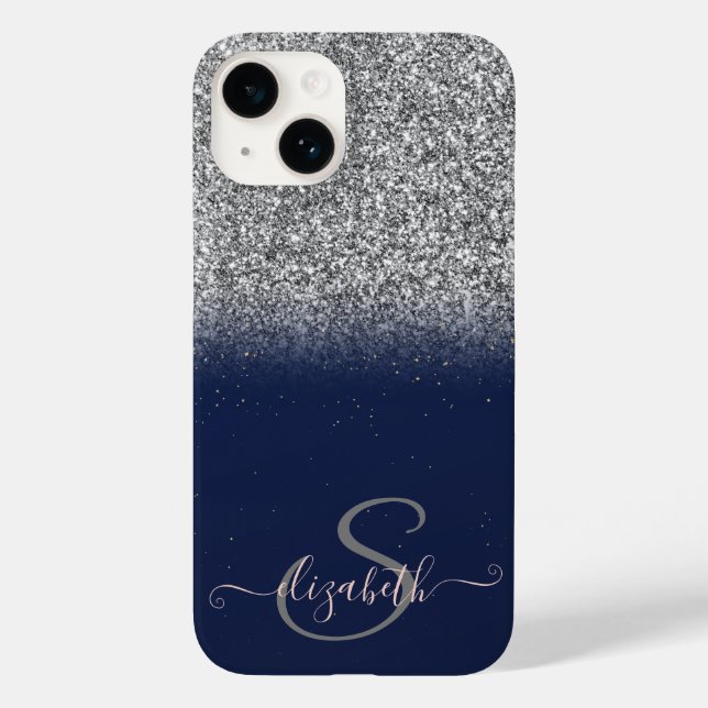 Eleganter Silver Glitzer Ombre, Navy Blue Monogram Case-Mate iPhone Hülle (Rückseite)