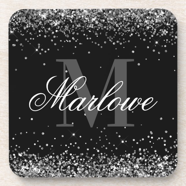 Eleganter Silver Glitzer Schwarz-weiß Monogram Getränkeuntersetzer (Vorderseite)