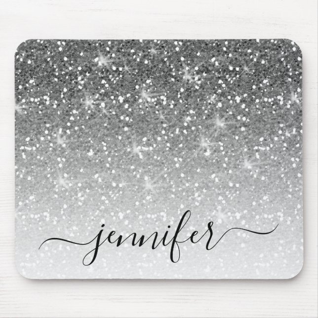 Eleganter Silver Glitzer Sparkle Ihr Name Mousepad (Vorne)