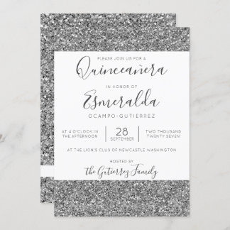 Eleganter Silver Glitzer Sparkle Quinceanera Einladung