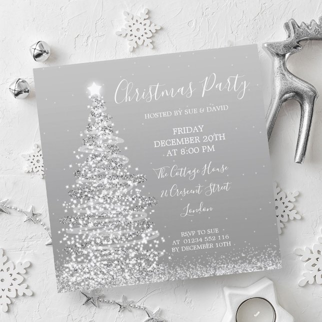 Eleganter Silver Glitzer Tree Weihnachtsfest Party Einladung (Elegant Silver Glitter Tree Christmas Party Invitation)