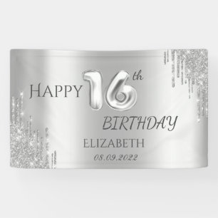 Eleganter Silver Glitzer Tropfen 16. Geburtstag Banner