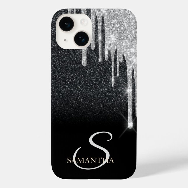 Eleganter Silver Glitzer Tropfen Schwarzer Glitzer Case-Mate iPhone Hülle (Rückseite)