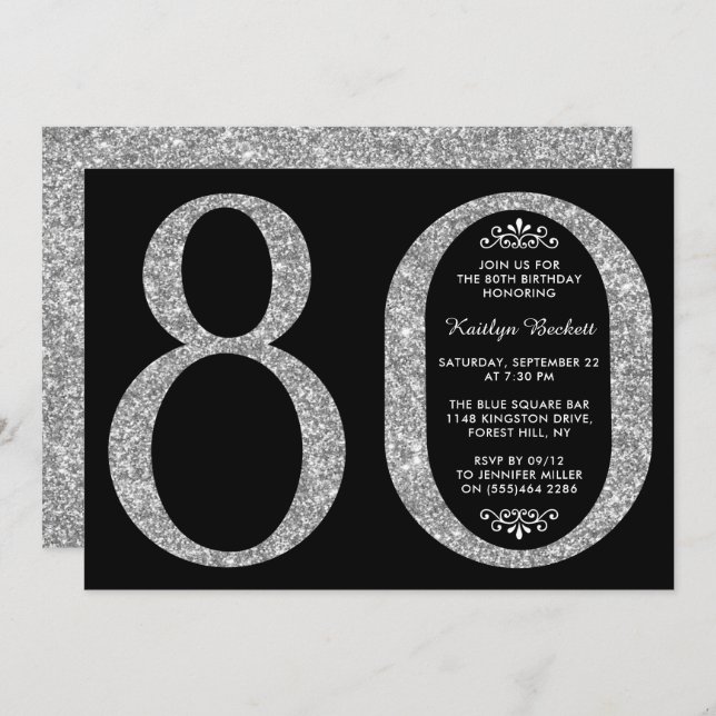 Eleganter Silver Glitzer Typografie 80. Einladung (Vorne/Hinten)