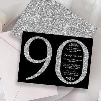 Eleganter Silver Glitzer Typografie 90. Geburtstag Einladung