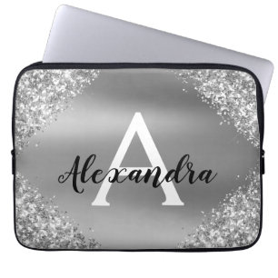 Eleganter Silver Glitzer und Sparkle Monogram Laptopschutzhülle