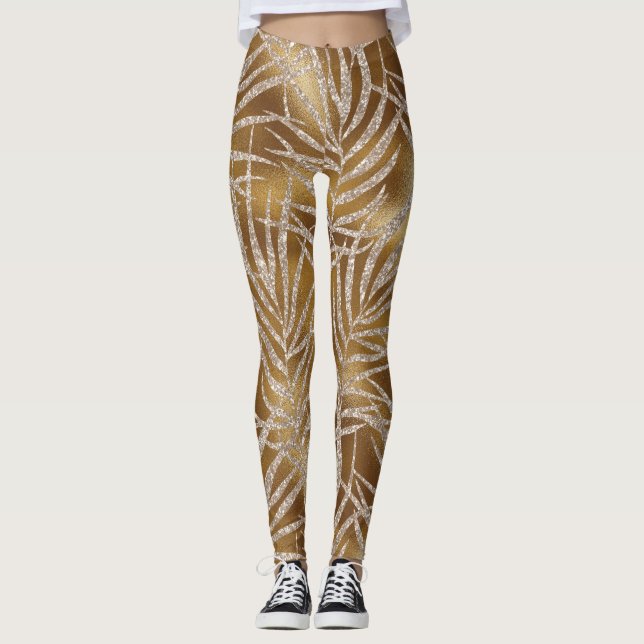 Eleganter Silver Gold Glitzer Foliage Muster Chic Leggings (Vorderseite)