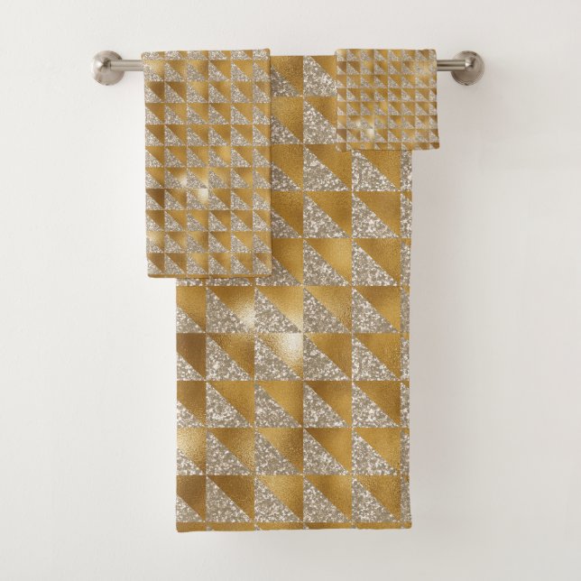 Eleganter Silver Gold Glitzer Geometric Muster Chi Badhandtuch Set (Insitu)