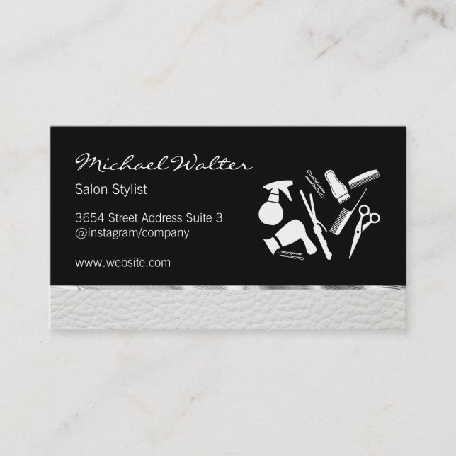 Eleganter Silver Leather Trim Salon Stylist Visitenkarte (Vorderseite)