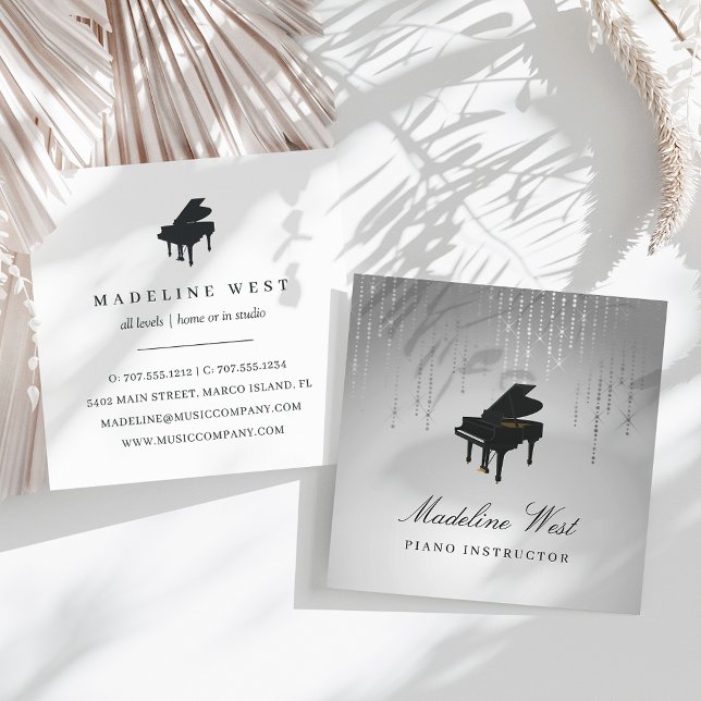Eleganter Silver Rain Piano Lehrer für Musik Quadratische Visitenkarte (Von Creator hochgeladen)