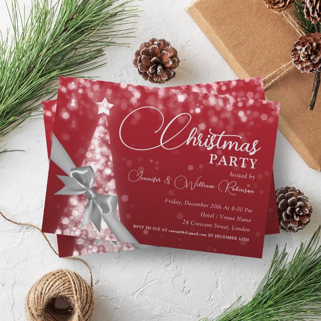 Eleganter Silver Red Shimmering Xmas Tree Holiday Einladung (Elegant Silver Red Shimmering Xmas Tree Holiday Invitation)