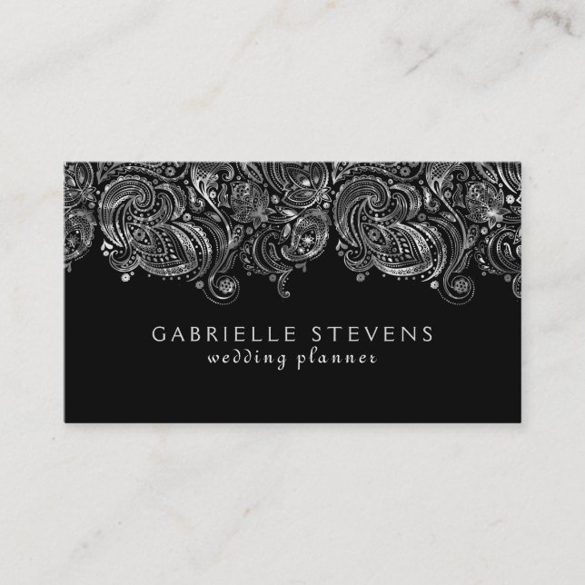 Eleganter Silver und Black Paisley Wedding Planner Visitenkarte (Vorderseite)