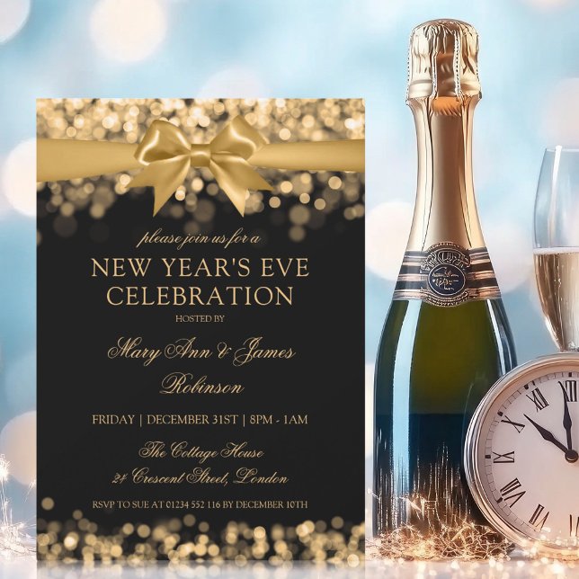 Eleganter Silvester Gold Shimmer Lights Bow Einladung (Elegant New Years Eve Gold Shimmer Lights Bow Invitation)