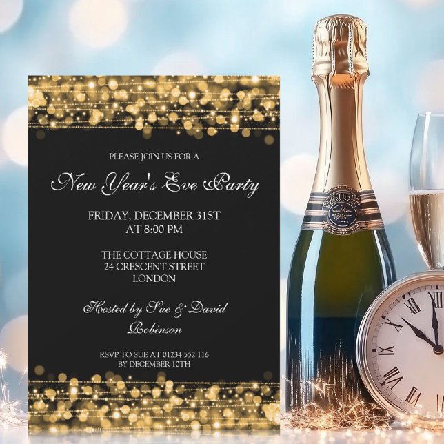 Eleganter Silvester Party Glitzern Gold Einladung (Elegant New Years Eve Party Sparkles Gold Invitation)