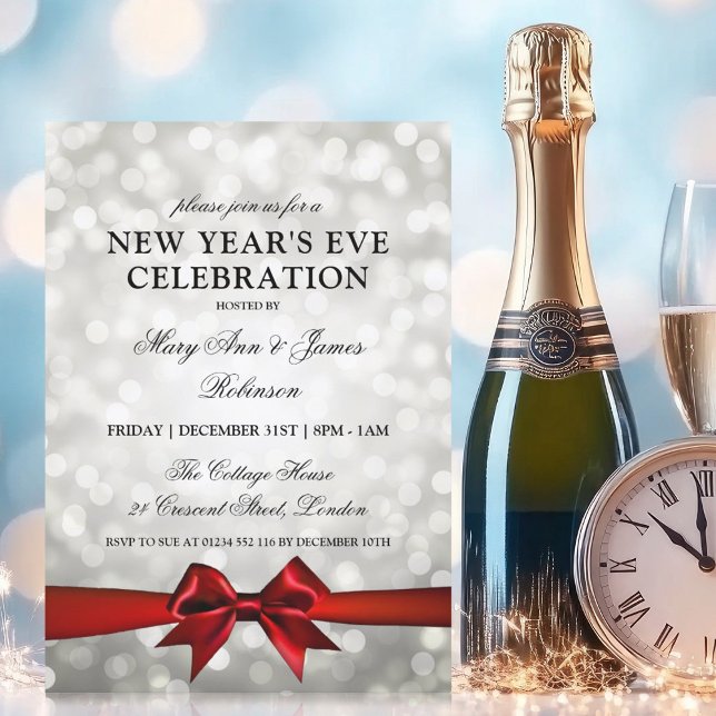 Eleganter Silvester Silver Bokeh Lights Red Bow Einladung (Elegant New Years Eve Silver Bokeh Lights Red Bow Invitation)
