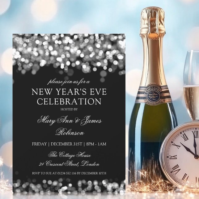 Eleganter Silvester Silver Glimmerlicht Einladung (Elegant New Years Eve Silver Shimmering Lights Invitation)