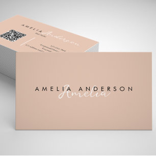 Eleganter Simple Boho Beige Script QR-Code Visitenkarte
