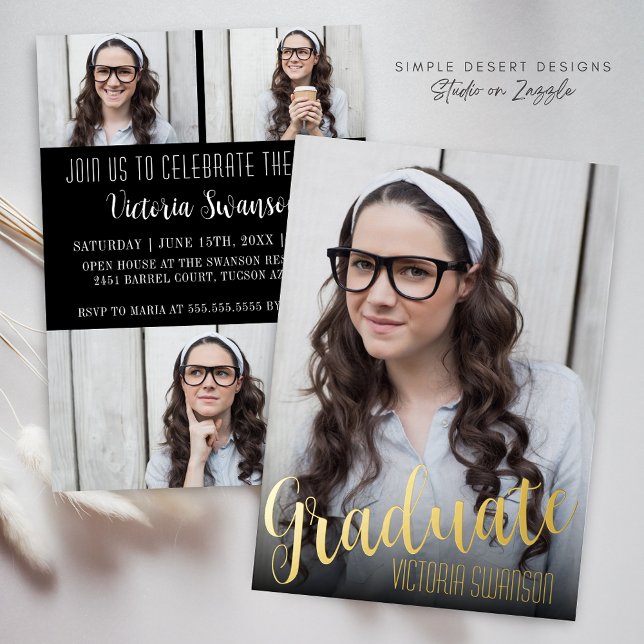 Eleganter Simple Script Trendy 4 Foto Abschluss Folieneinladung (Modern Script Graduation Party Invitation with Gold Foil and Trendy Typography)