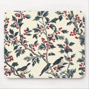 Eleganter Singvogel Winter-Holly-Cream-Rot-Muster Mousepad