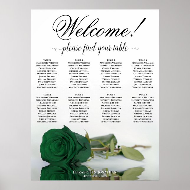 Eleganter Sitzplan für 8 Tische mit Smaragdgrüner  Poster (Vorne)