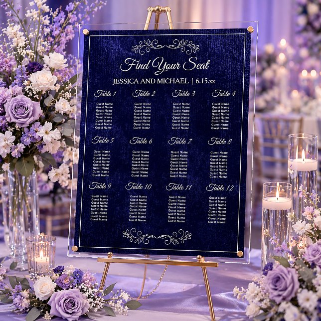 Eleganter Sitzplan für die Hochzeit in Navyblau Acrylschild (Elegant navy blue velvet acrylic wedding seating chart)
