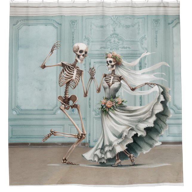 Eleganter Skeletton Hochzeitstanz Duschvorhang (Vorderseite)