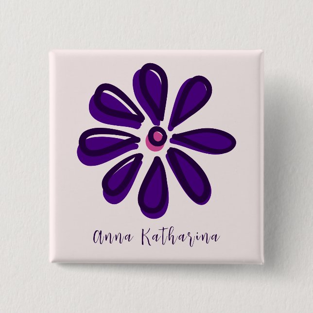 Eleganter Skriptname Lila Blume Doodle Square Button (Vorderseite)