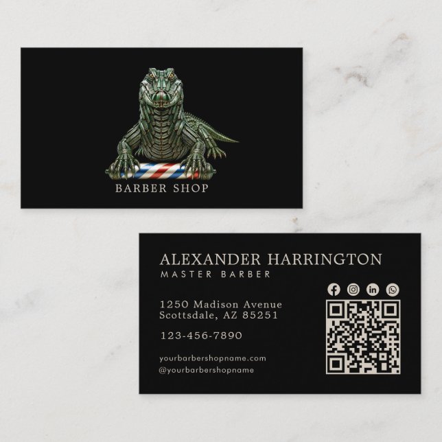 Eleganter Smaragd-Alligator-Friseur-QR-Code Visitenkarte (Vorne/Hinten)