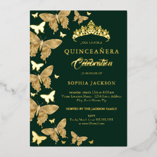 Eleganter Smaragd-Gold-Schmetterling Quinceanera Folieneinladung