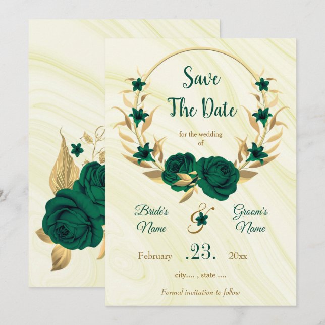 eleganter smaragdgrüner goldfarbener Blumenkranz Save The Date (Vorne/Hinten)
