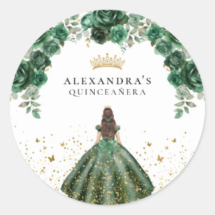 Eleganter Smaragdgrüner Quinceañera-Blumen-Faux-Fo Runder Aufkleber