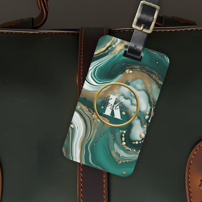 Eleganter Smaragdmarmor mit Gold Initial und Name Gepäckanhänger (Von Creator hochgeladen)